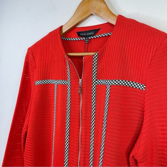 Ming Wang Poppy Red Gingham Trim Zip Front Long Sweater Jacket Womens S new nwt - Picture 4 of 16